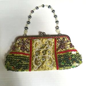Vintage Lime Green/Maroon Stripe Hand Beaded Evening Bag